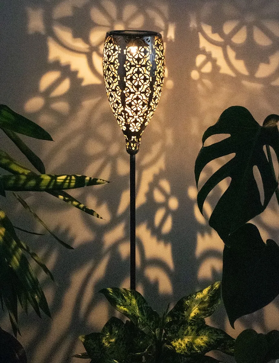 Solarlamp tuinlamp solar patio oplaadbare solarlamp voor buiten, metaal glas, grondspies, 1x LED warm wit, DxH 11x90 cm de Globo en Gris – photo produit