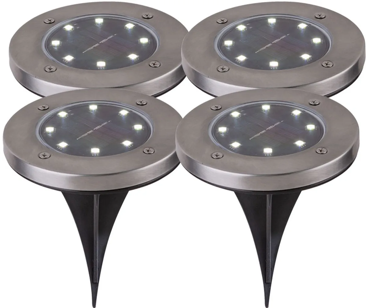 Solarlampen buitenverlichting spot grondspies roestvrij staal weerbestendige pad grondspies, roestvrij staal, 8x LED, DxH 13x11,8 cm, set van 4 de Globo en Gris – photo produit
