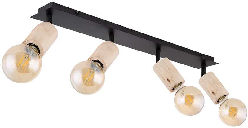 Spotlamp spotlamp woonkamerlamp eetkamerlamp, 4 vlammen beweegbare spots, metaal hout naturel mat, E27 stopcontacten, LxBxH 80x10x18cm fra Globo i Sort – produktbillede