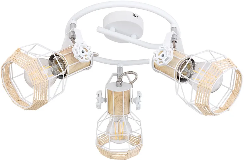 Spotrondell 3 spot plafondlamp draaibaar woonkamerlamp houtlook metaal, 3x E27 stopcontacten, D 25 cm de Globo en Blanc – photo produit