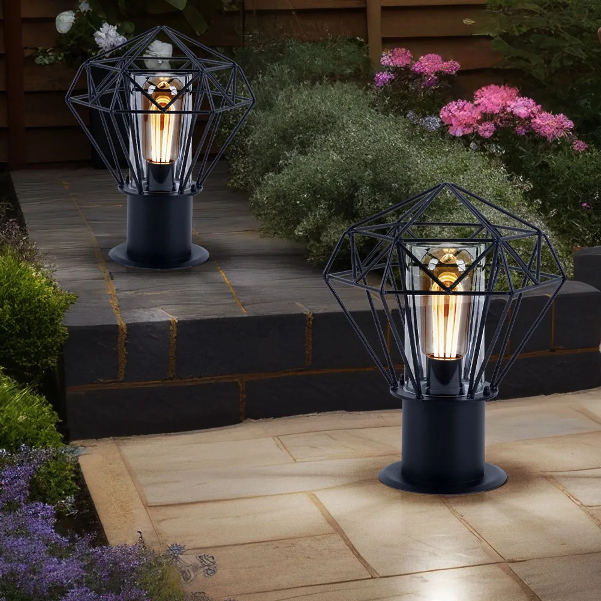 Staande buitenlamp tuin roestvrij staal, industrieel design raster kap, 1x E27, LxH 22,5 x31,5 cm de Globo en Noir – photo produit
