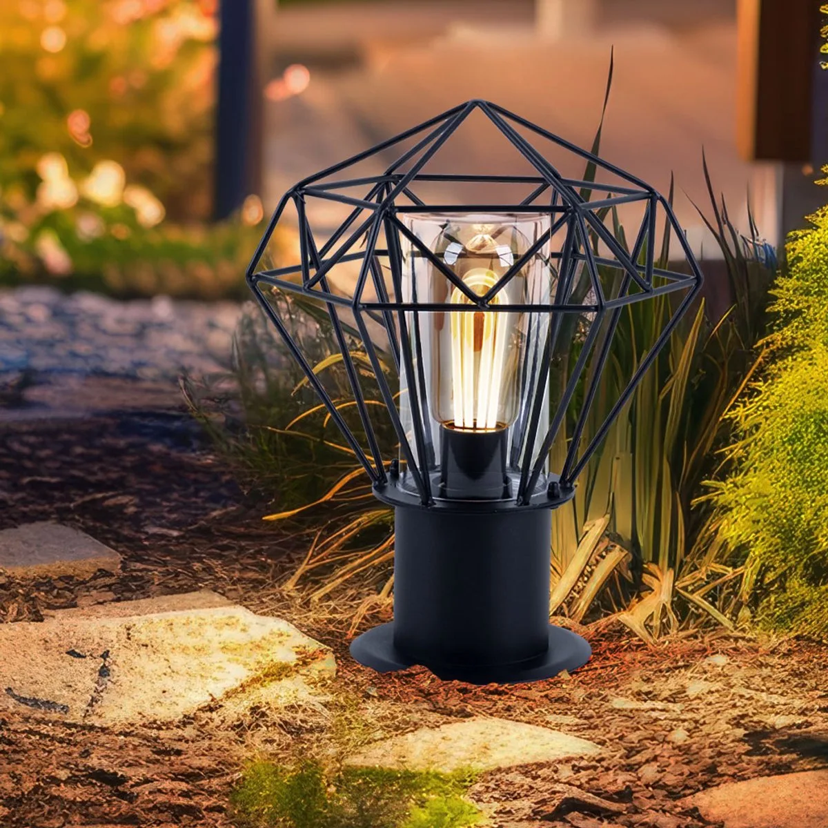 Staande buitenlamp tuin roestvrij staal, industriële design raster kap, 1x E27, H 31,5 cm fra Globo i Sort – produktbillede