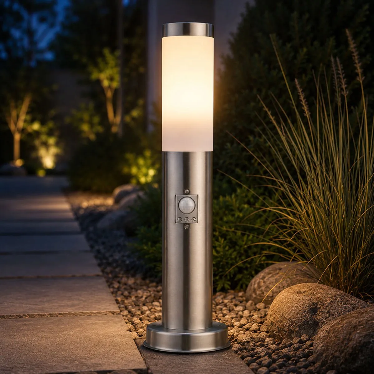 Staande lamp Buitenlamp Staande lamp Tuinterras, bewegingsmelder IP44, roestvrij staal opaalzilver, 1x E27 fitting, DxH 7,6x45 fra Globo i Antracit – produktbillede