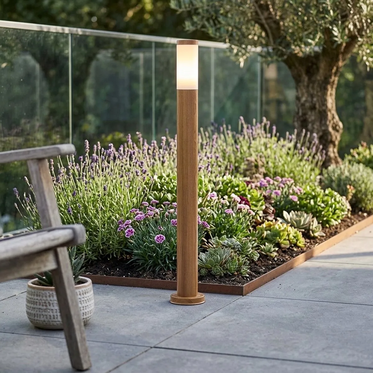 Staande lamp Buitenlamp Tuinlamp Staande lamp Patio IP44, roestvrij staal met houteffect, 1x E27 fitting, DxH 12,7x110 cm by Globo in Brown – product photo