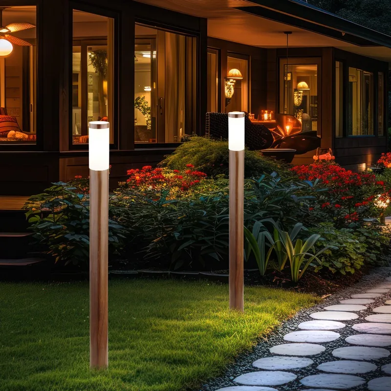 Staande lamp Buitenlamp Tuinlamp Staande lamp Patio IP44, roestvrij staal met houteffect, 1x E27 fitting, DxH 12,7x110 cm de Globo en Marron – photo produit