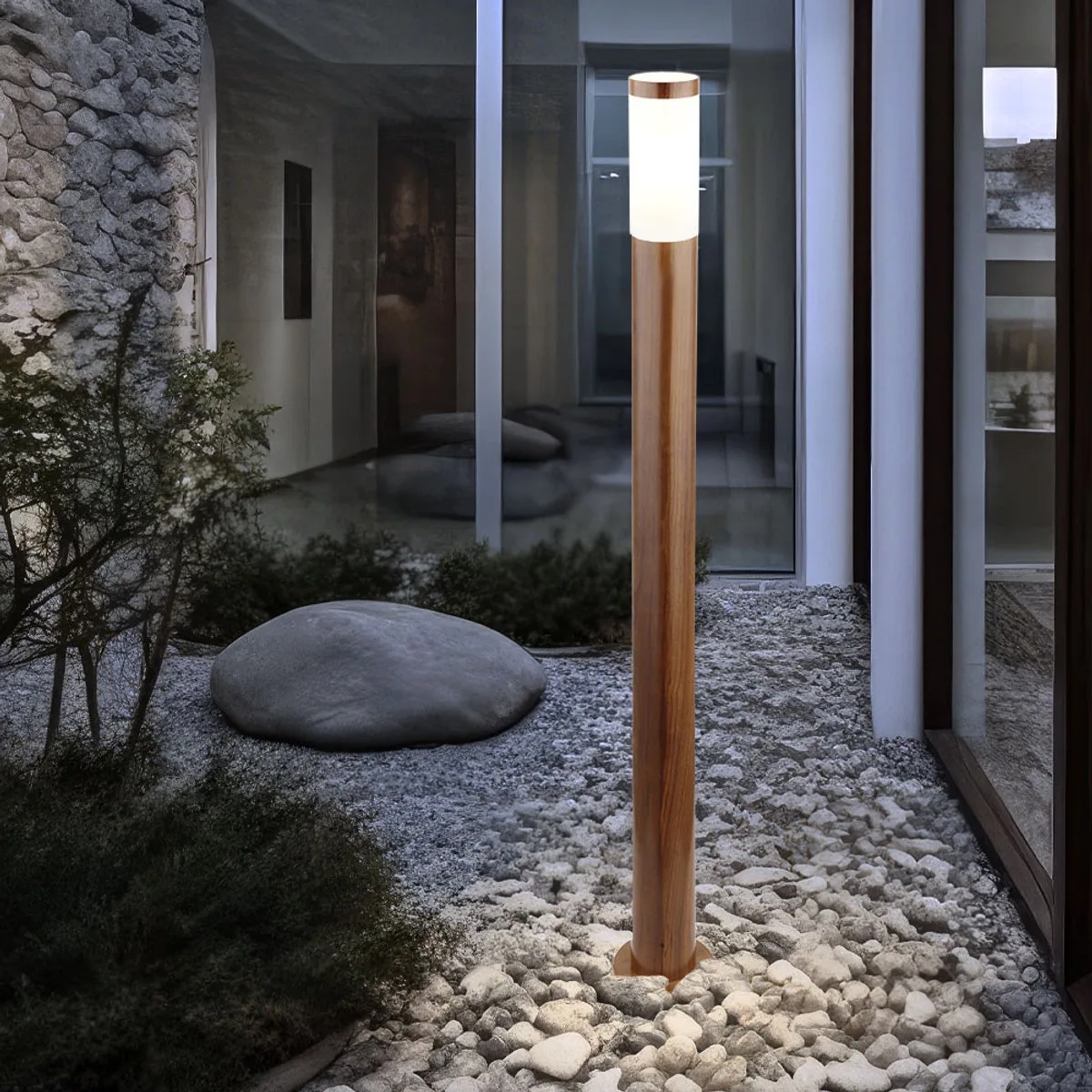 Staande lamp Buitenlamp Tuinlamp Staande lamp Patio IP44, roestvrij staal met houteffect, 1x E27 fitting, DxH 12,7x110 cm de Globo en Marron – photo produit