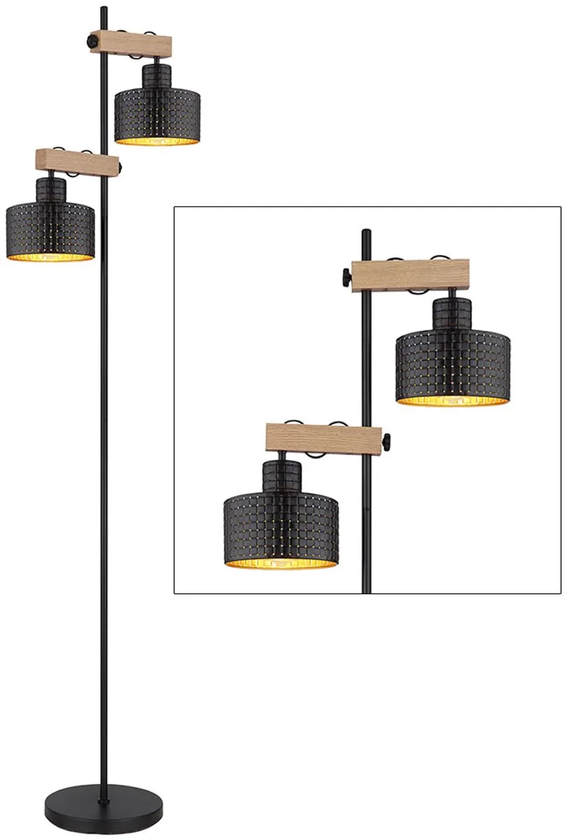 Staande lamp In hoogte verstelbare staande lamp Woonkamerlamp houtlook goud, metaal MDF, 2x E27, LxH 44x168 cm von Globo in Schwarz – Produktfoto