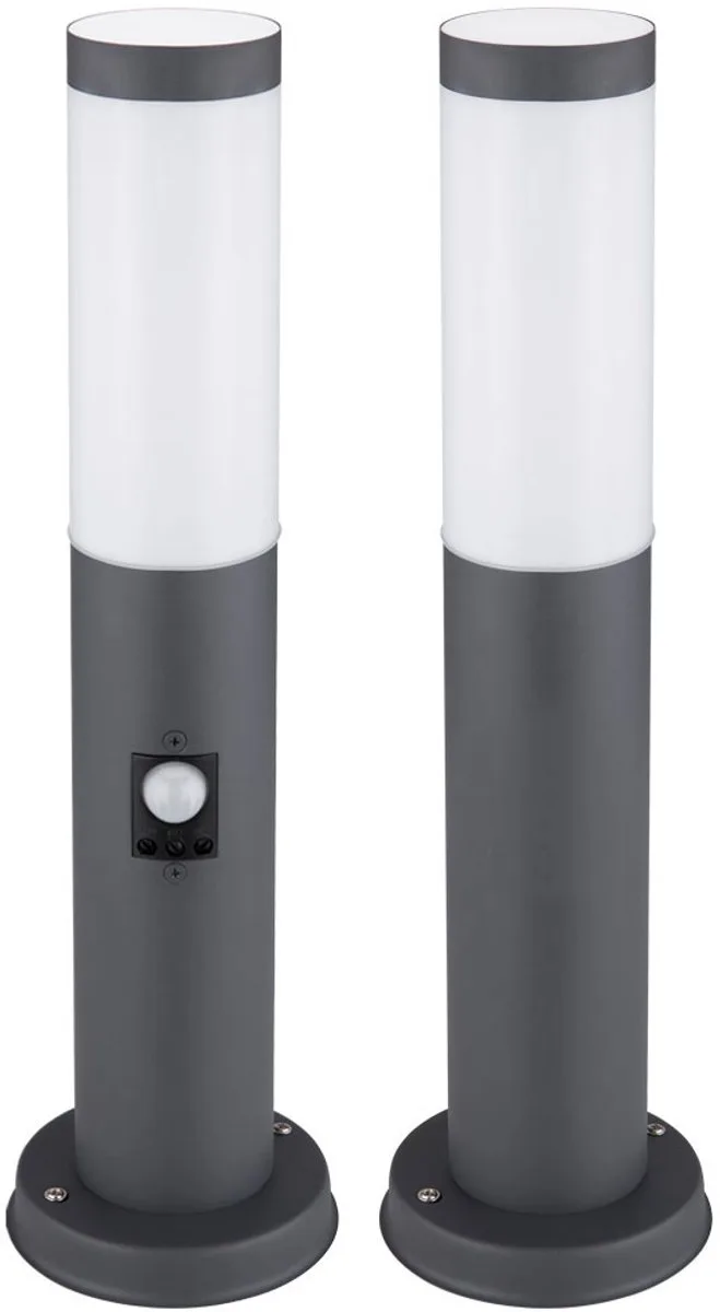 Staande lamp met bewegingsmelder Buiten staande lamp Tuin staande lamp Roestvrij staal, 1x E27, DxH 12,7x45 cm, set van 2 von Globo in Anthrazit – Produktfoto