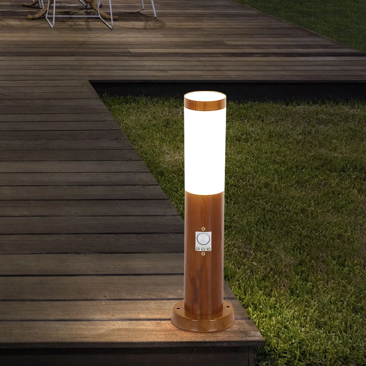 Staande lamp met bewegingsmelder houtoptiek buitenpaal roestvrij staal, wit kunststof, 1x E27, DxH 7,6 x 45 cm de Globo en Marron – photo produit