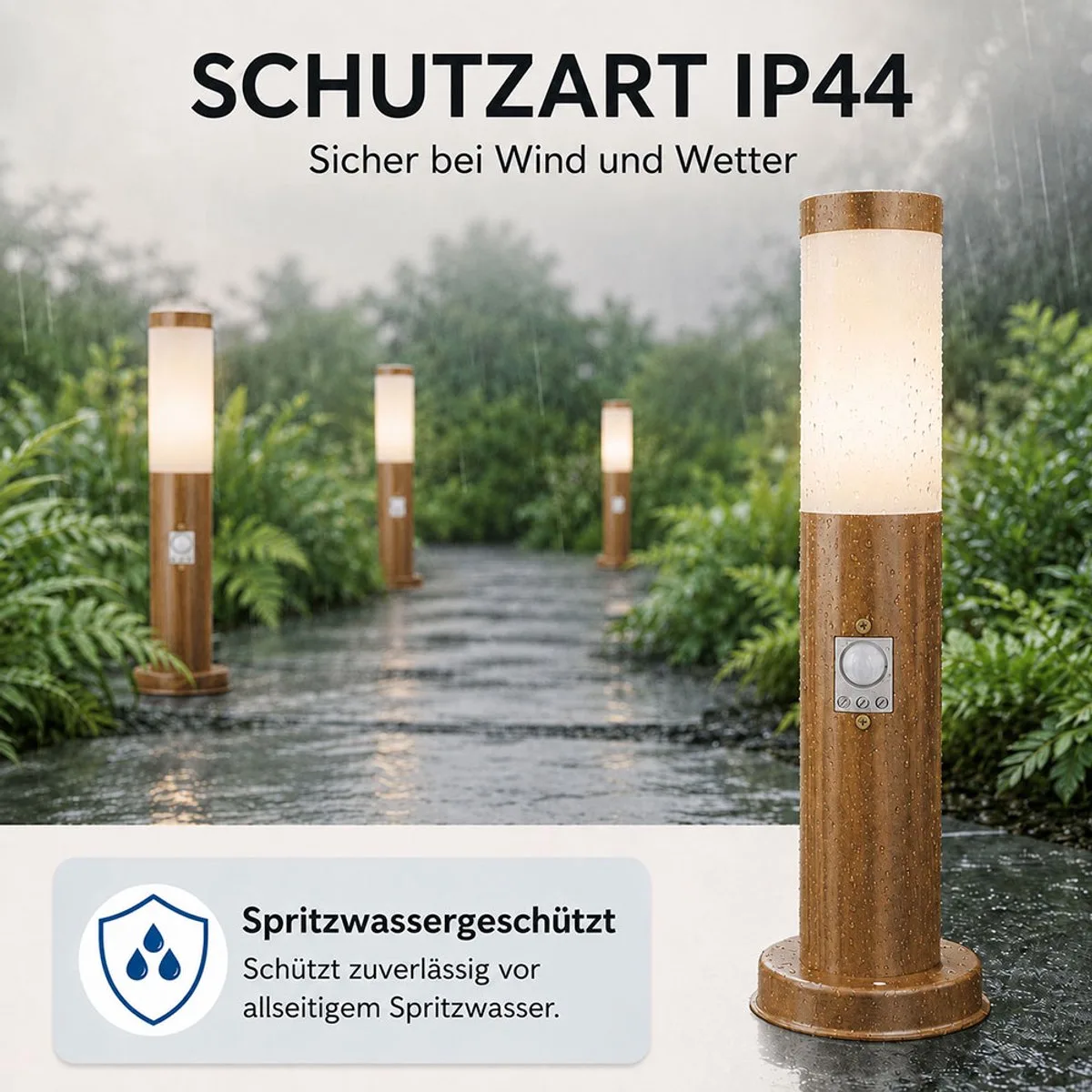 Staande lamp met bewegingsmelder houtoptiek buitenpaal roestvrij staal, wit kunststof, 1x E27, DxH 7,6 x 45 cm de Globo en Marron – photo produit