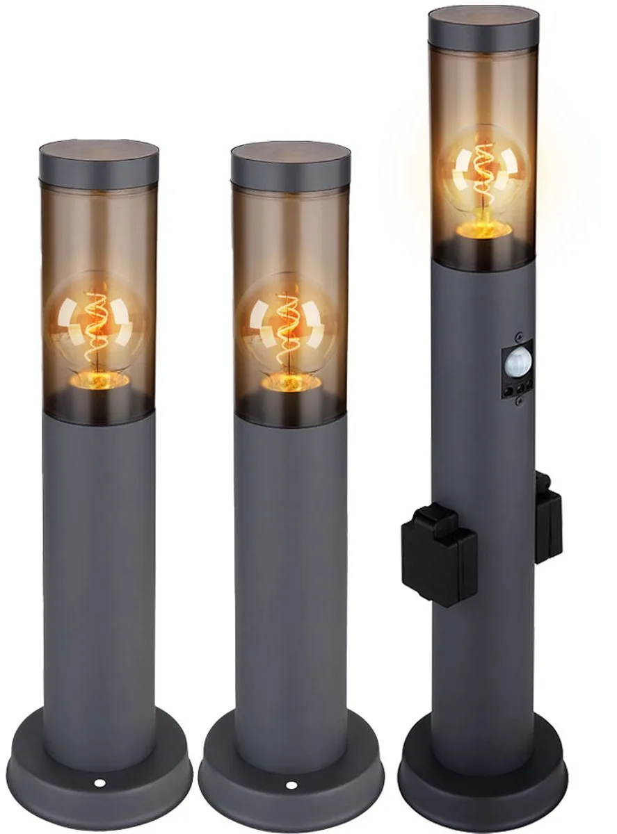 Staande lamp met fitting en bewegingsmelder Tuinlamp Padlamp Vloerlamp voor buiten, roestvrij staal, gerookt kunststof, E27, set van 3 von Globo in Anthrazit – Produktfoto