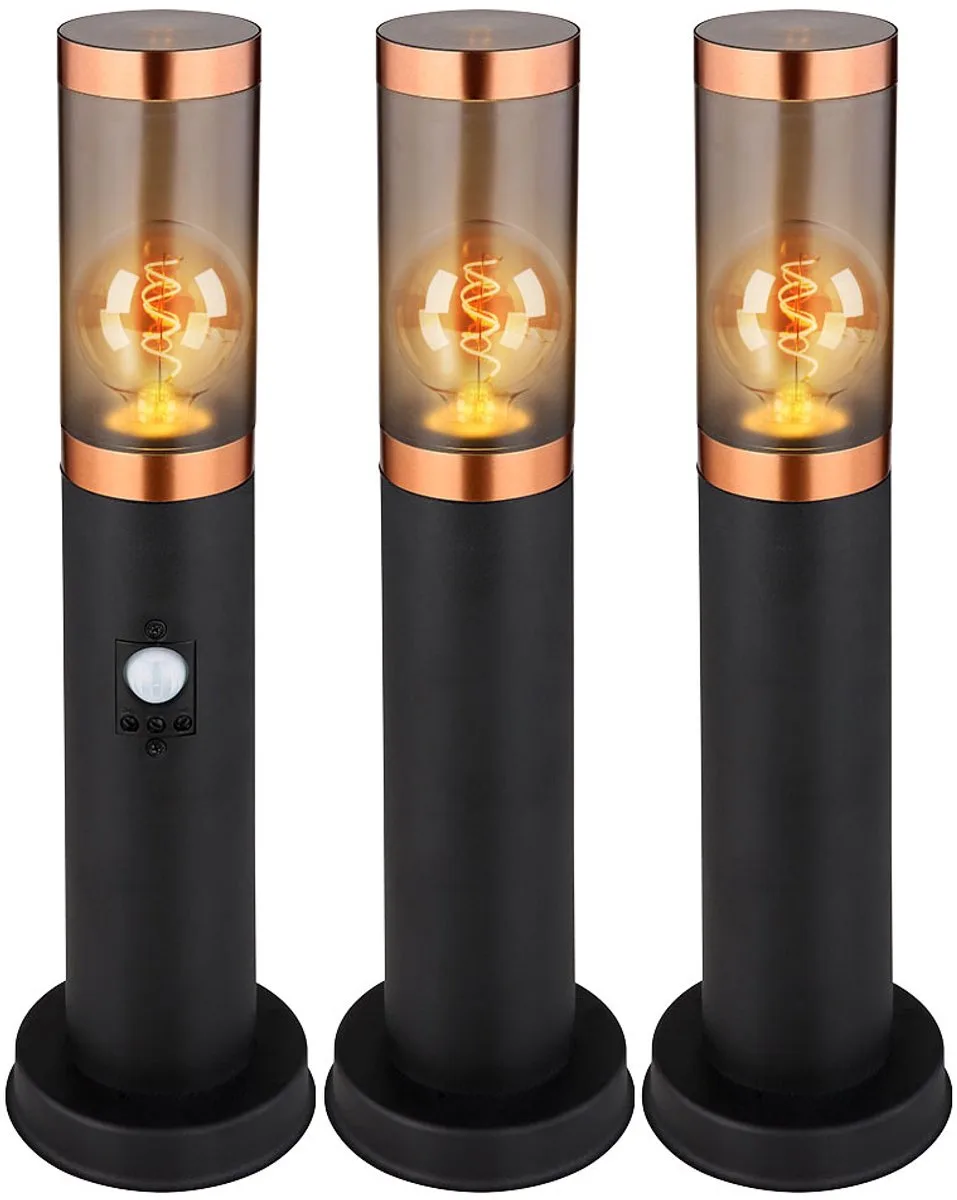 Staande lamp vloerlamp buitenverlichting rook koper buiten met bewegingsmelder tuinlamp, roestvrij staal kunststof, 1x E27, DxH 7,6x45 cm, set van 3 von Globo in Schwarz – Produktfoto
