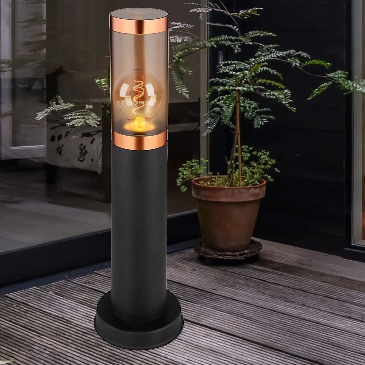 Staande lamp vloerlamp buitenverlichting rook koper buiten met bewegingsmelder tuinlamp, roestvrij staal kunststof, 1x E27, DxH 7,6x45 cm, set van 2 von Globo in Schwarz – Produktfoto