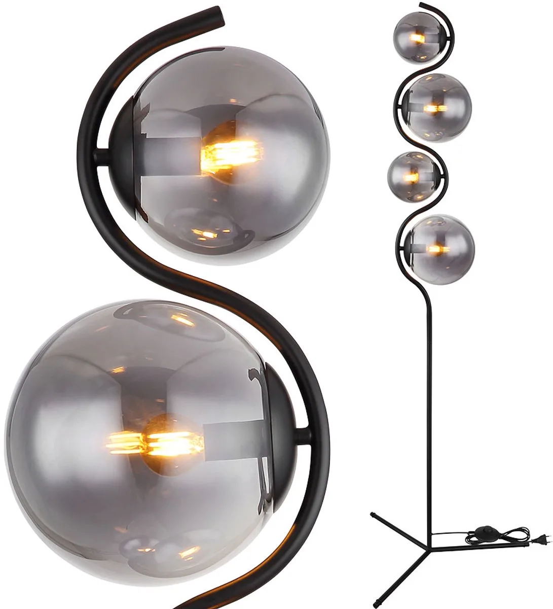 Staande lamp woonkamer gerookt glas 4 vlammen slaapkamerlamp, metaal 4x E14, DxH 66 x 160 cm von Globo in Schwarz – Produktfoto