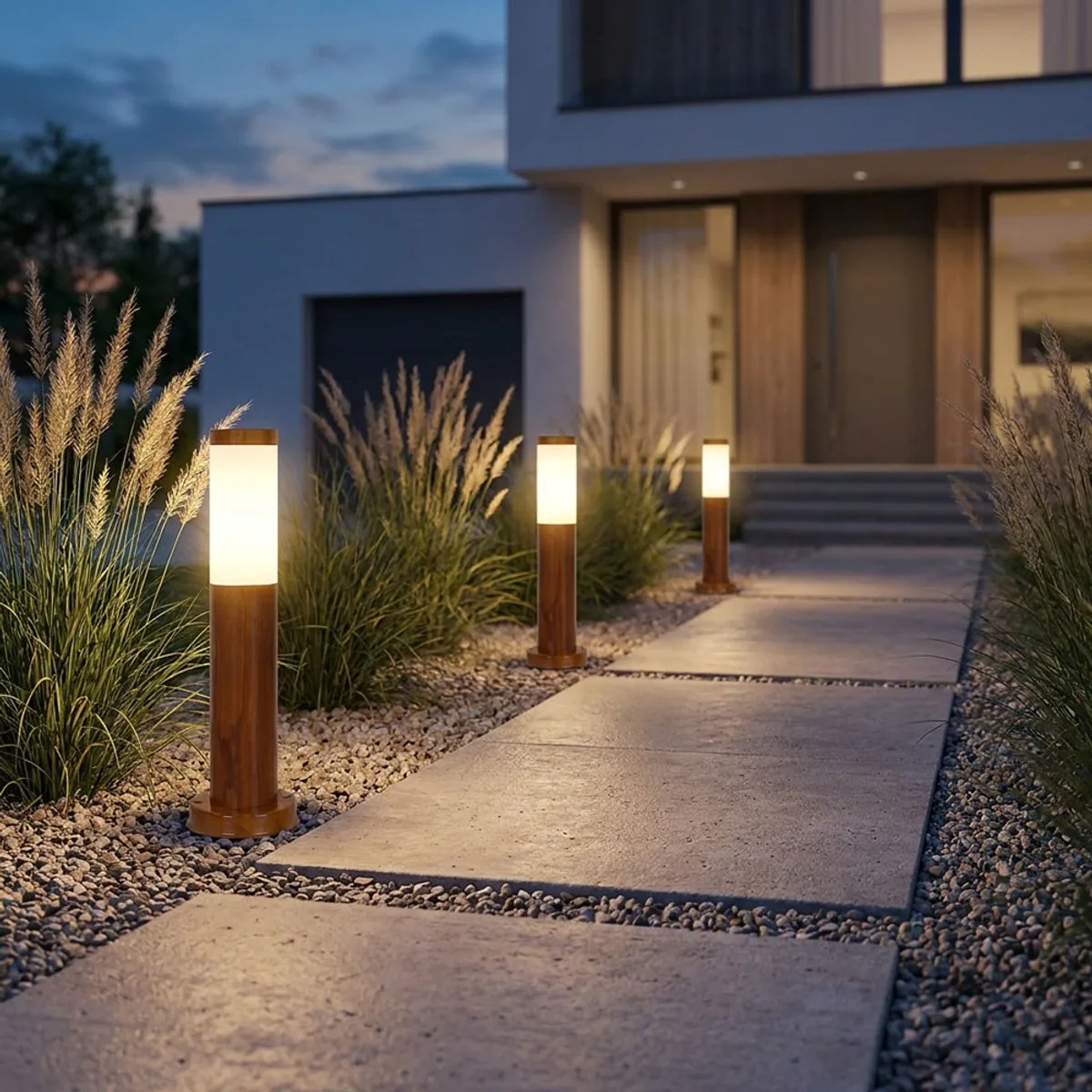 Staande padlampen buiten roestvrijstalen vloerlamp tuinterraslamp, houtlook opaal rustiek, 1x E27, DxH 7,6x45 cm van Globo in Bruin – productfoto