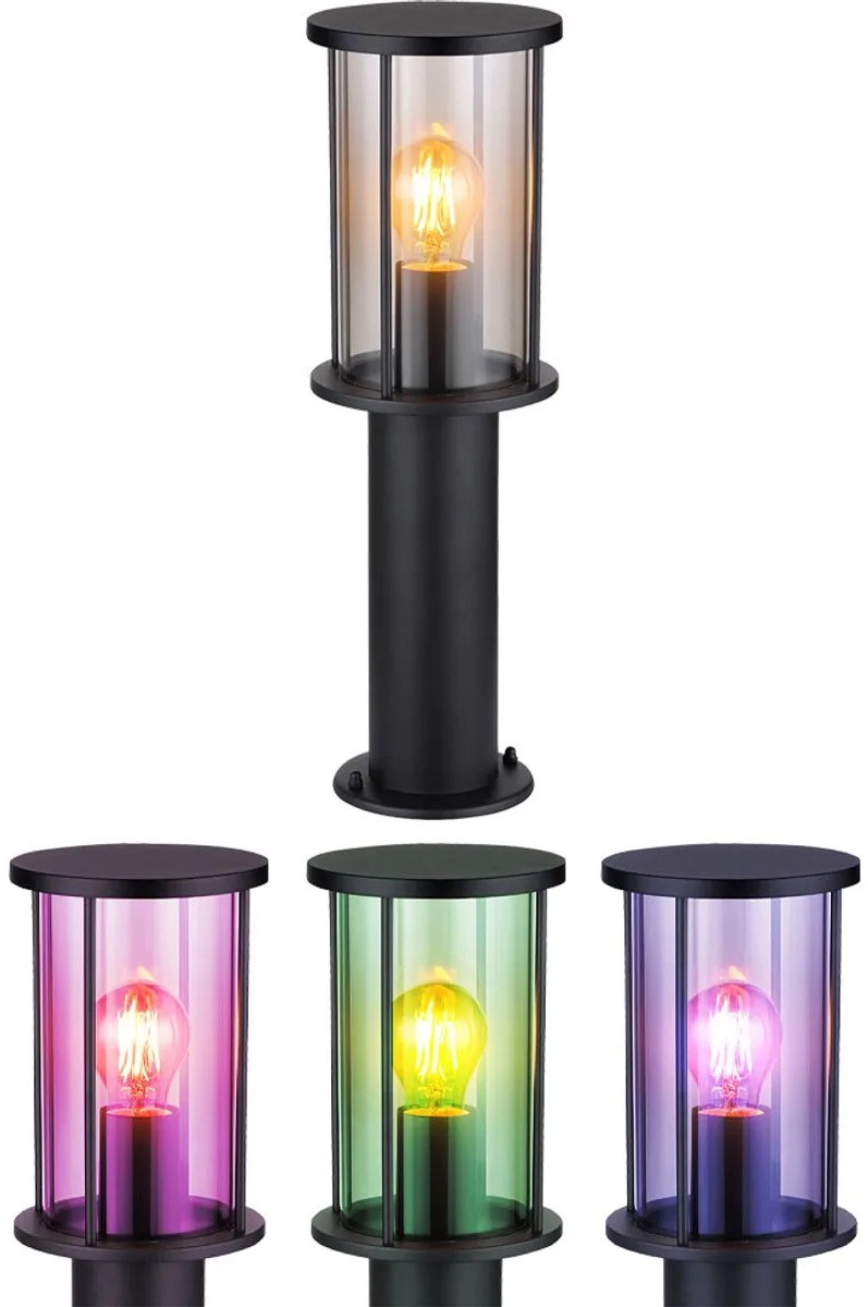 Staande tuinlamp padverlichting buitenlamp, afstandsbediening dimbare kleurwisselaar IP54, glazen kap gerookt roestvrij staal mat, 1x LED 8,5W 806Lm warm wit, DxH 14,3x45 cm van Globo in Zwart – productfoto