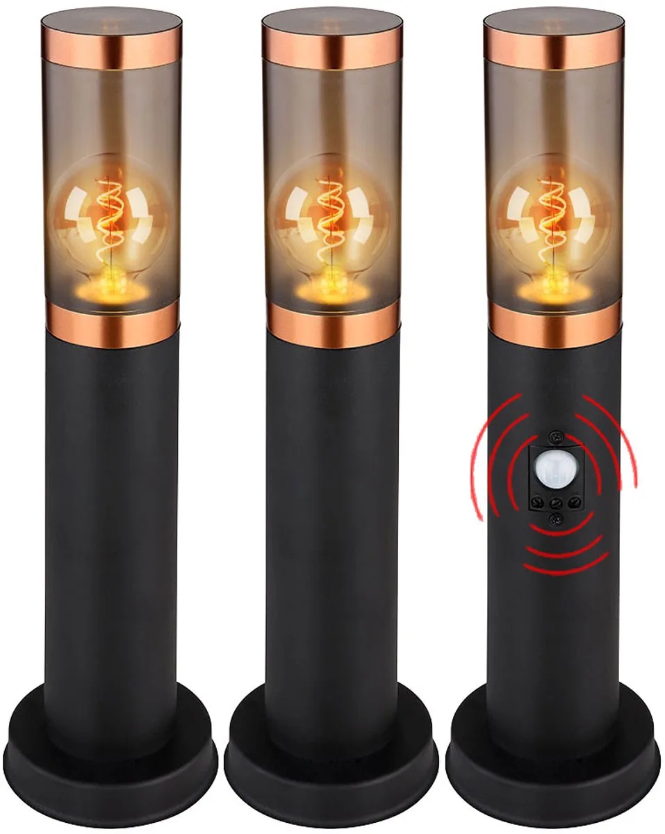 Staande vloerlamp buitenverlichting rook koper buiten met bewegingsmelder tuinlamp, roestvrij staal kunststof, 1x E27, DxH 7,6x45 cm,set van 3 fra Globo i Sort – produktbillede