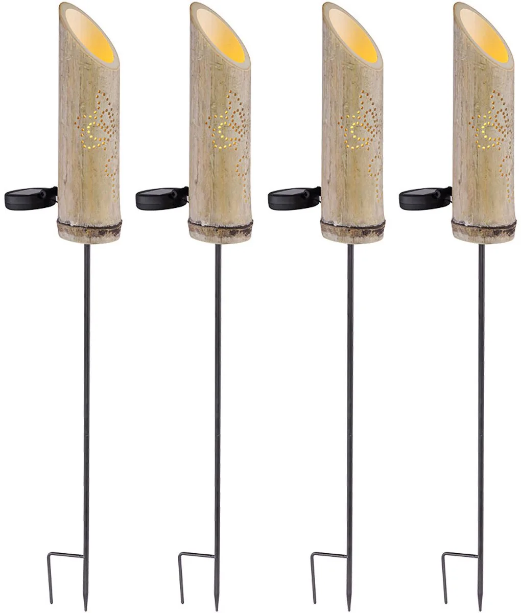 Steeklamp bamboe solarlamp grondspies solar, decoratieve geponste gaatjes, groen, LED warm wit, DxH 12x79,5 cm, set van 4 de Globo en Marron – photo produit