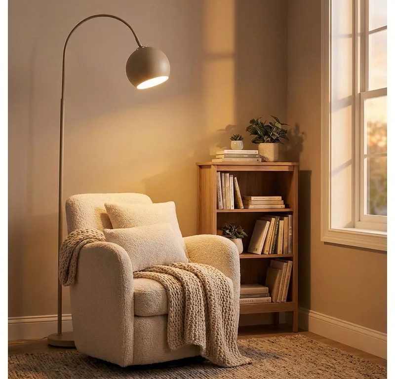 Stehlampe, Leuchtmittel nicht inklusive, Stehleuchte Bogenlampe Standleuchte Kugel beweglich sandfarben E27 von Globo in Beige – Produktfoto