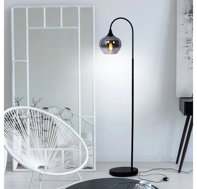 Stehlampe, Leuchtmittel nicht inklusive, Stehleuchte Standlampe Rauchglas Metall E27 Retro Wohnzimmer von Globo in Schwarz – Produktfoto