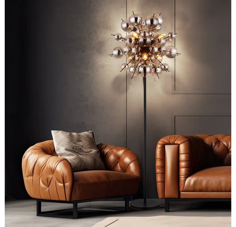 Stehlampe, Leuchtmittel nicht inklusive, Stehleuchte Standlampe Wohnzimmerleuchte Rauchglas 6 flammig H 155 cm de Globo en Gris – photo produit