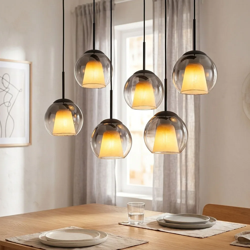 Suspension Led, Lampe De Salle À Manger À 6 Ampoules, Noire, Verre, H 120 Cm de Globo en Noir – photo produit