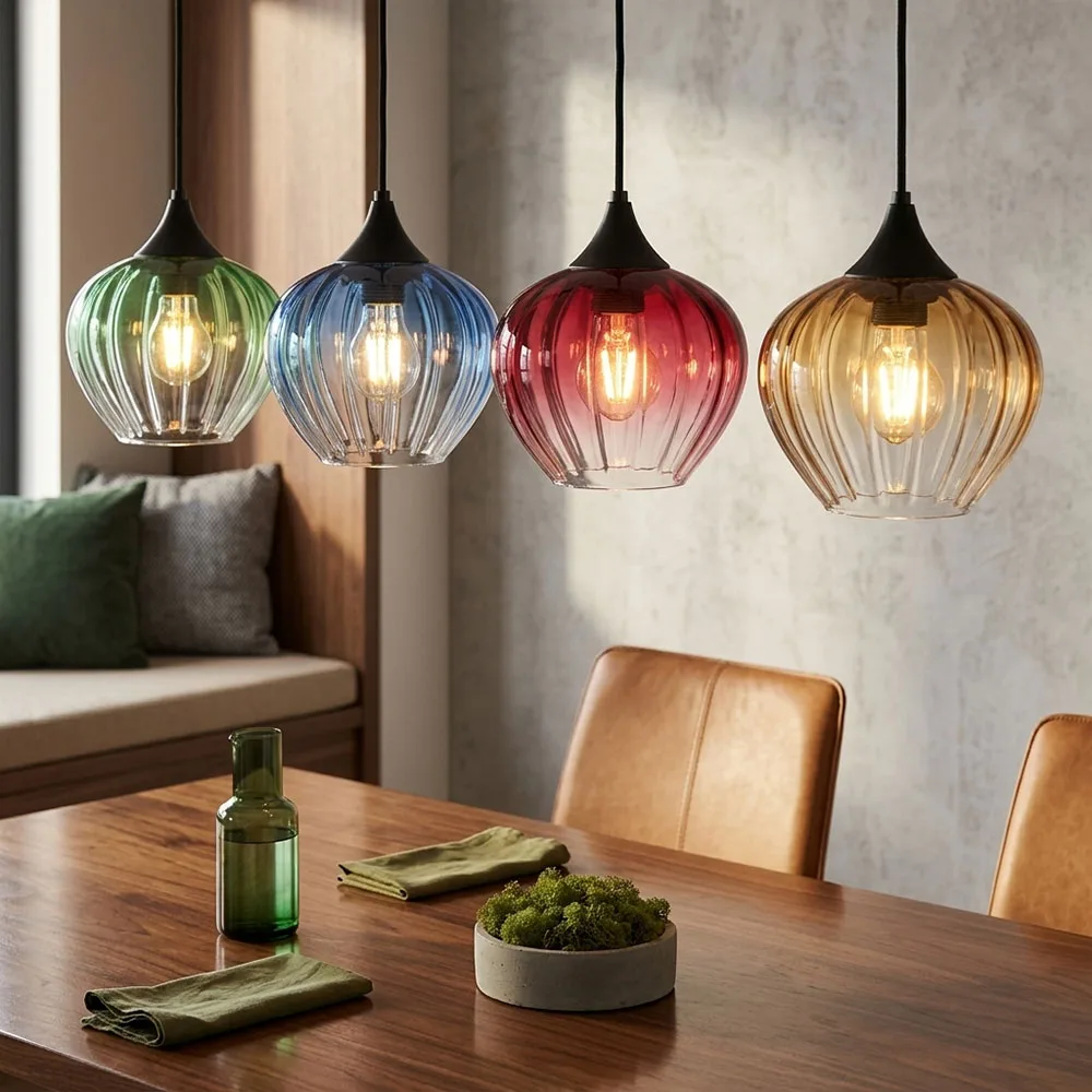 Suspension Led Pour Salle À Manger, Métal Verres Colorés, H 120 Cm de Globo en Noir – photo produit