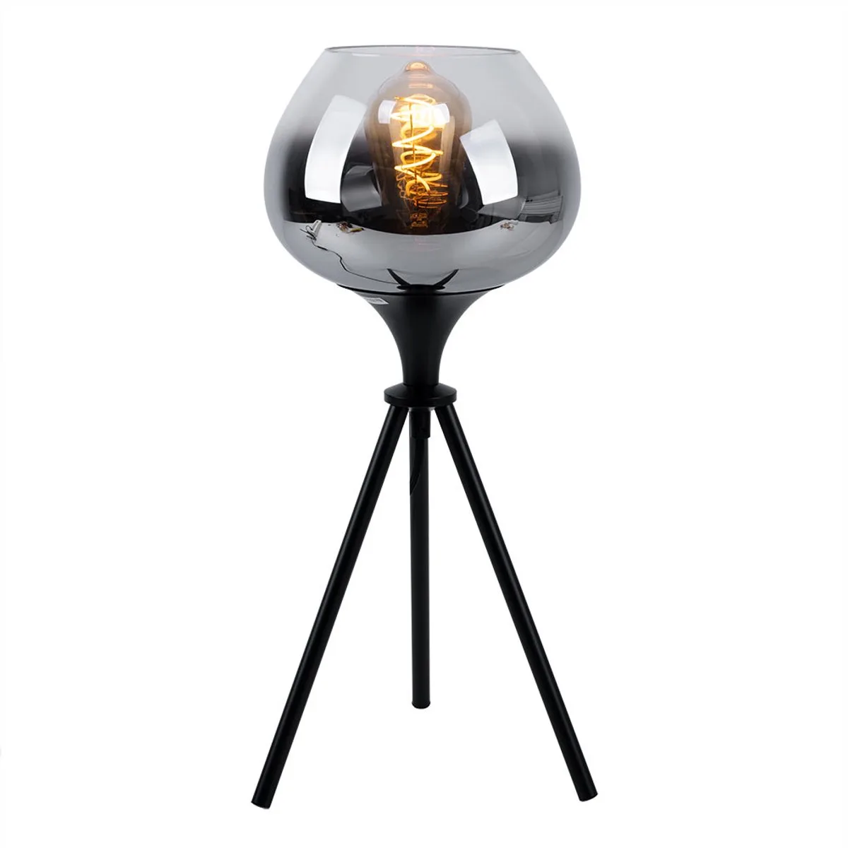 Tafellamp Bijzetlamp Bedlamp Driepoot leeslamp Gerookt glas, metaal, 1x E27 fitting, DxH 24x45 cm de Globo en Noir – photo produit
