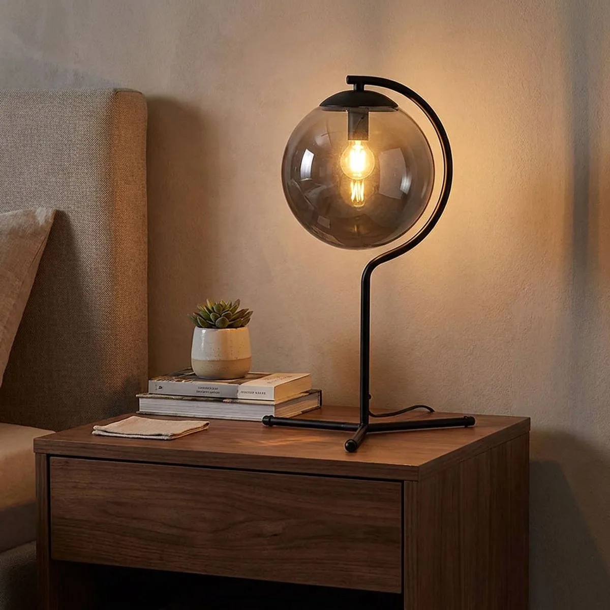 Tafellamp Bijzetlamp Slaapkamerlamp Glazen tafellamp Woonkamerlamp, metaal zwart smoke-kleurig, LED 4W 350Lm warm wit, H 50 cm van Globo in Grijs – productfoto