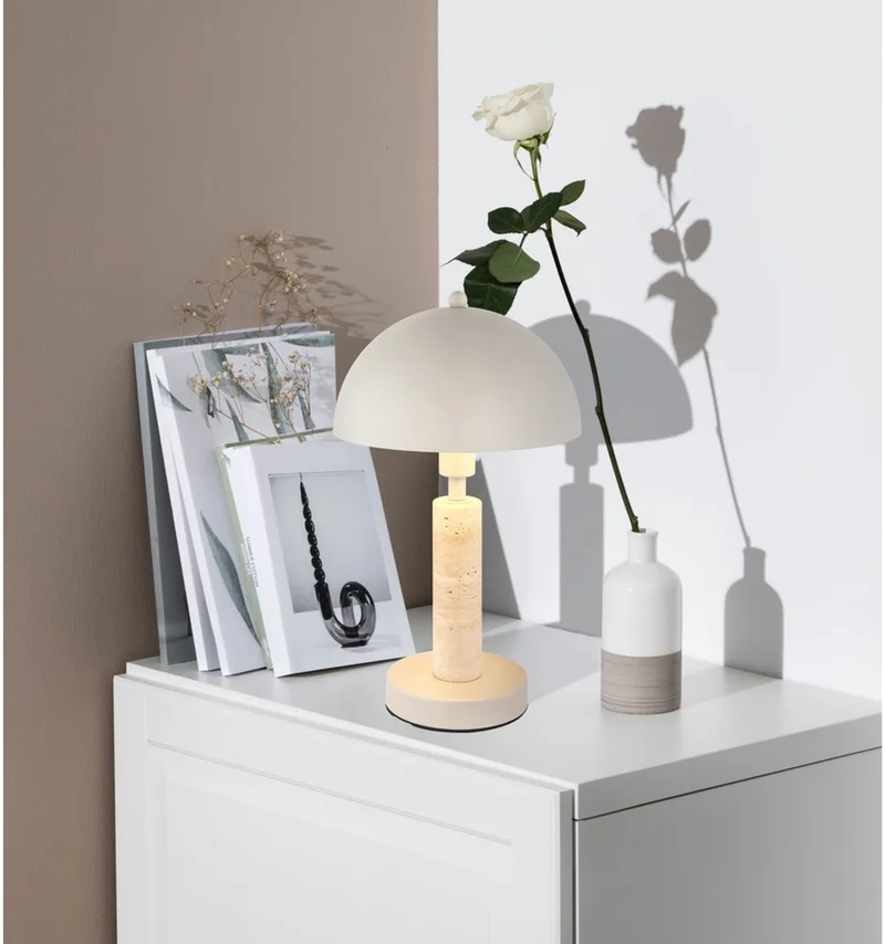 Tafellamp Bijzetlamp Textiel zandkleurig Tafellamp Woonkamerlamp Travertin steen, metaal, 1x E14 fitting, DxH 20x34 cm de Globo en Zand – photo produit