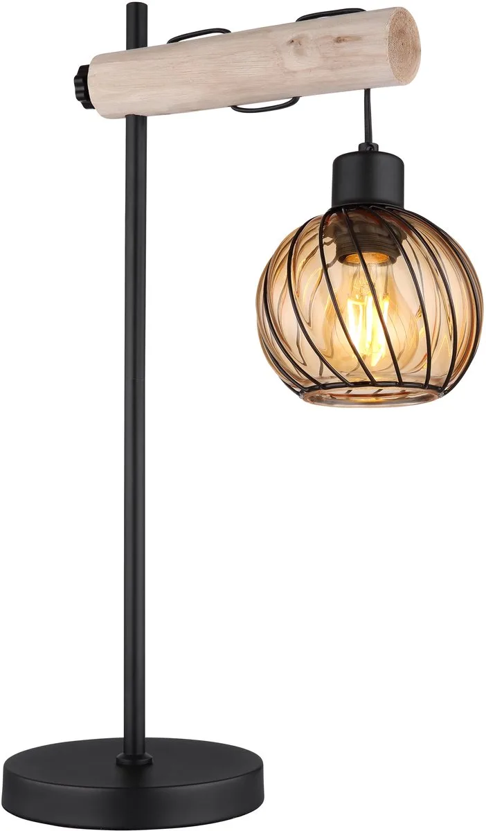 Tafellamp Bureaulamp, bijzetlamp met houten details, designlamp, metaalglas, amber, mat, E27, LxBxH 33x18x55 cm de Globo en Noir – photo produit