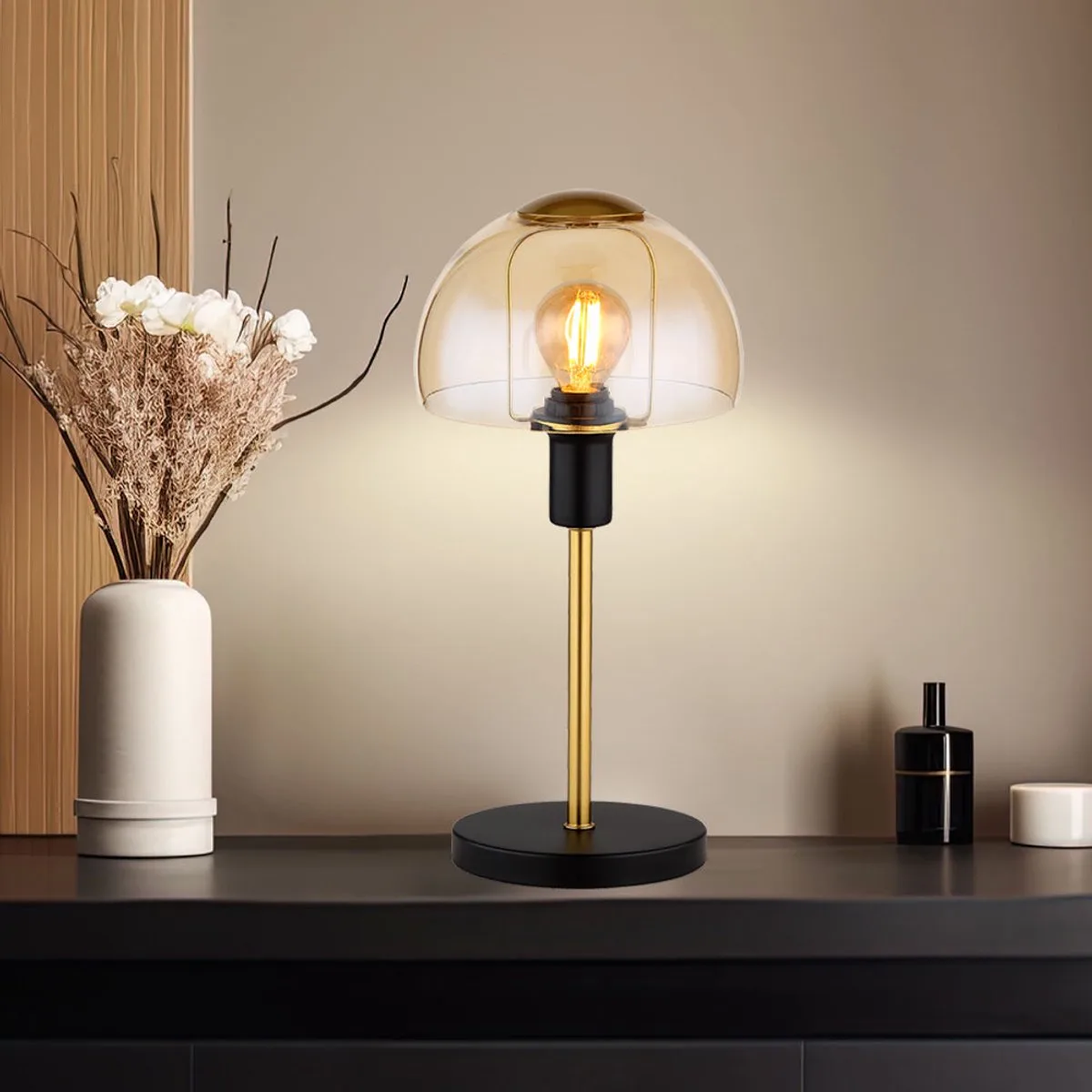 Tafellamp Leeslamp Tafellamp glas goudkleurig Touch slaapkamer, metaal zwart, 1x E14 fitting, DxH 15x32 cm från Globo i Guld – produktbild