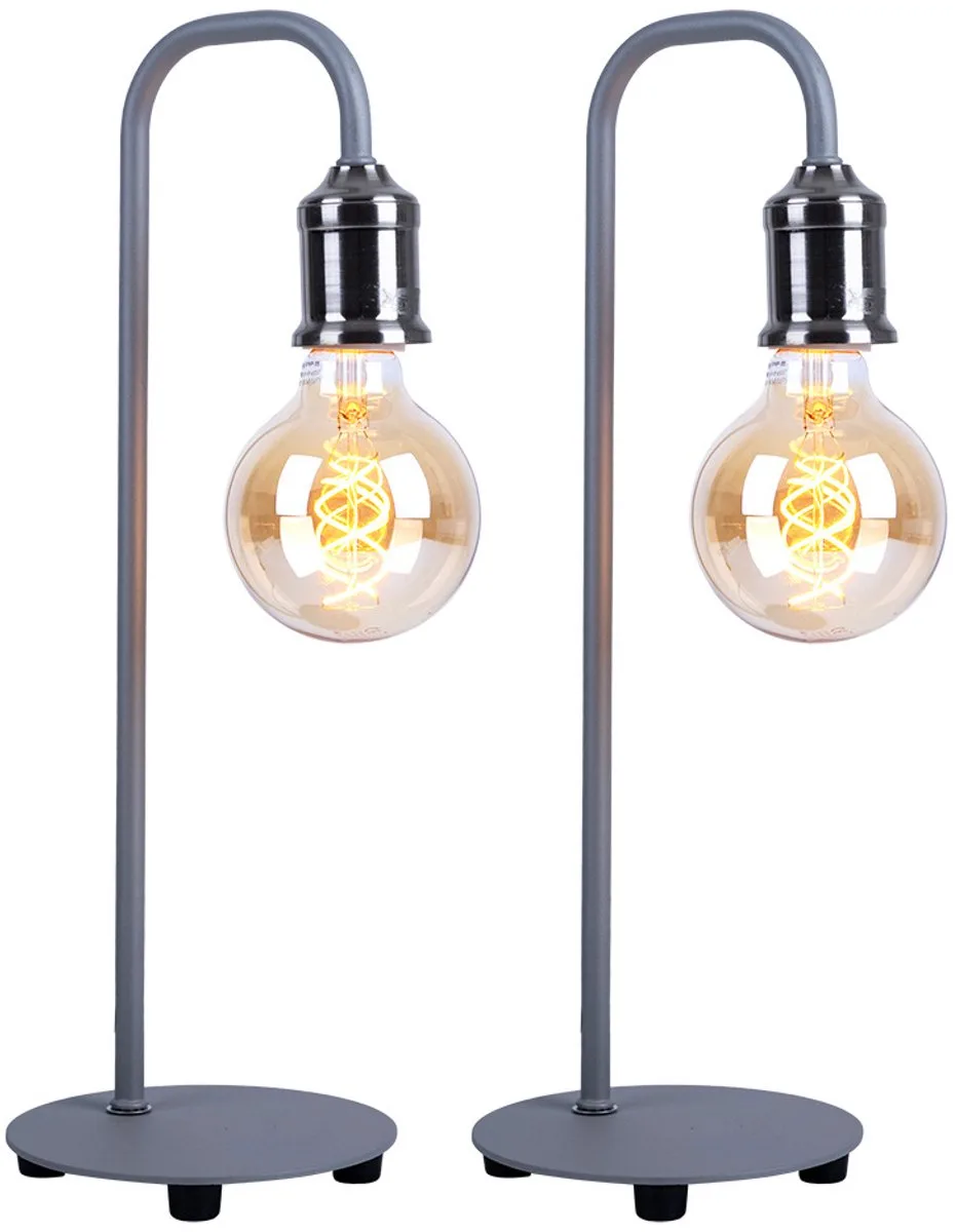 Tafellamp nikkel-mat bijzetlamp metaal retro tafellamp industrieel, 1x E27 fitting, HxD 43,8x15 cm, set van 2 de Globo en Gris – photo produit