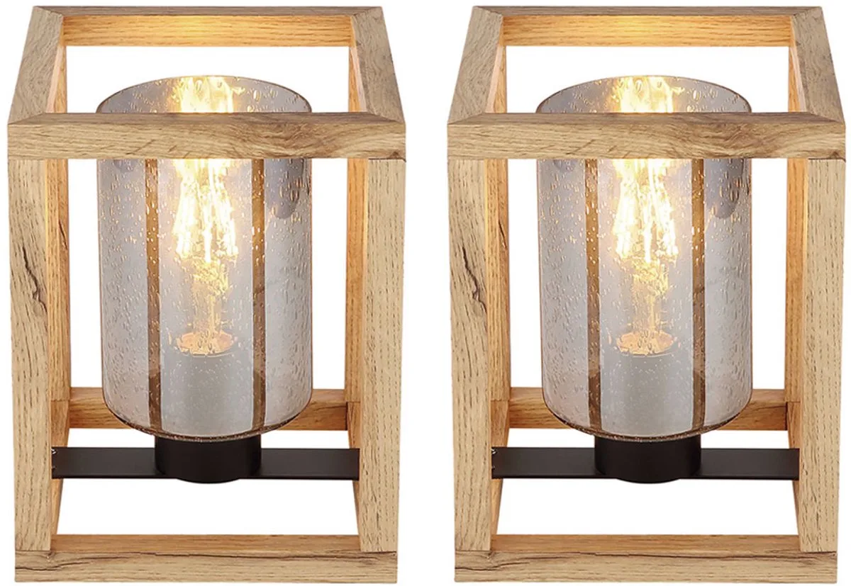 Tafellamp rookglas tafellamp zwart bijzetlamp naturel hout, bubble look, E27 fitting, LxBxH 17x17x22 cm, set van 2 von Globo in Braun – Produktfoto