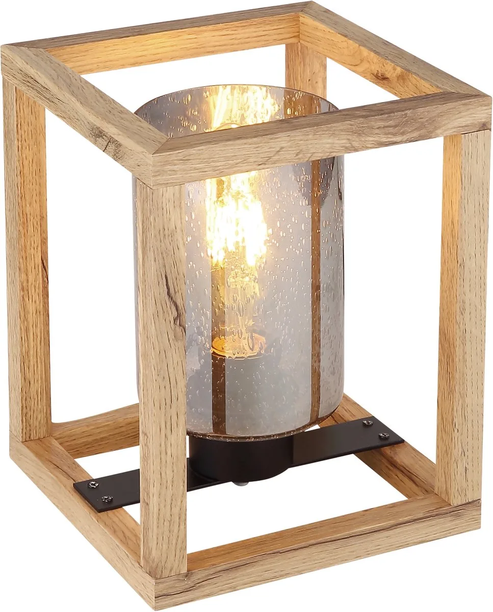 Tafellamp rookglas tafellamp zwart bijzetlamp naturel hout, bubble look, E27 fitting, LxBxH 17x17x22 cm von Globo in Braun – Produktfoto