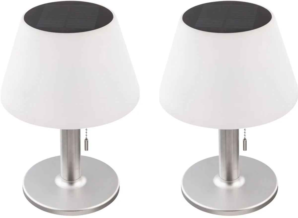 Tafellamp solarlamp buitenlamp terraslamp tafellamp balkon, IP44 batterij trekschakelaar RVS wit, 10x LED warm wit, DxH 19,5x28 cm, set van 2 fra Globo i Sølv – produktbillede