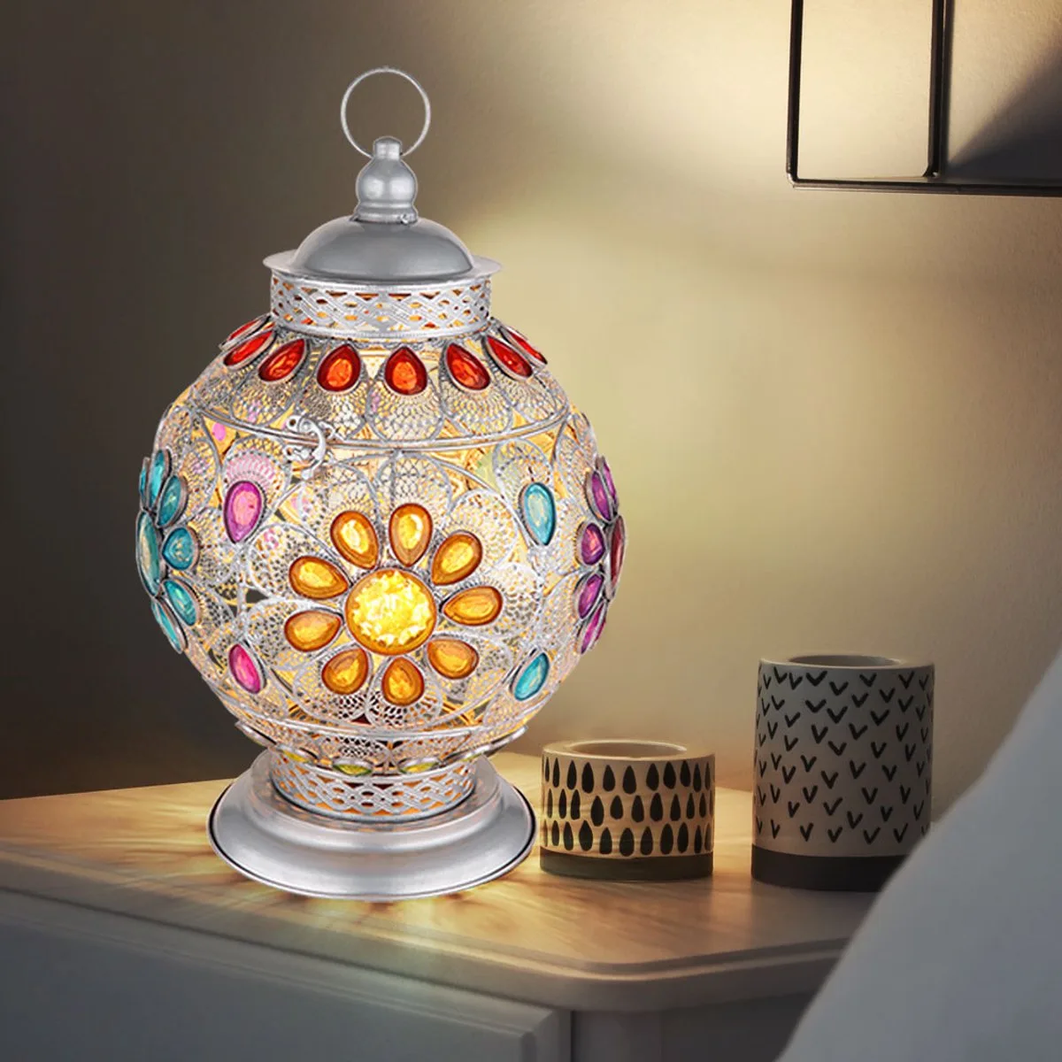 Tafellamp Tafellamp Nachtlamp Slaapkamerlamp, metaal acryl kristallen oosters zilverkleurig, E27 fitting, DxH 27x39.5cm de Globo en Argent – photo produit