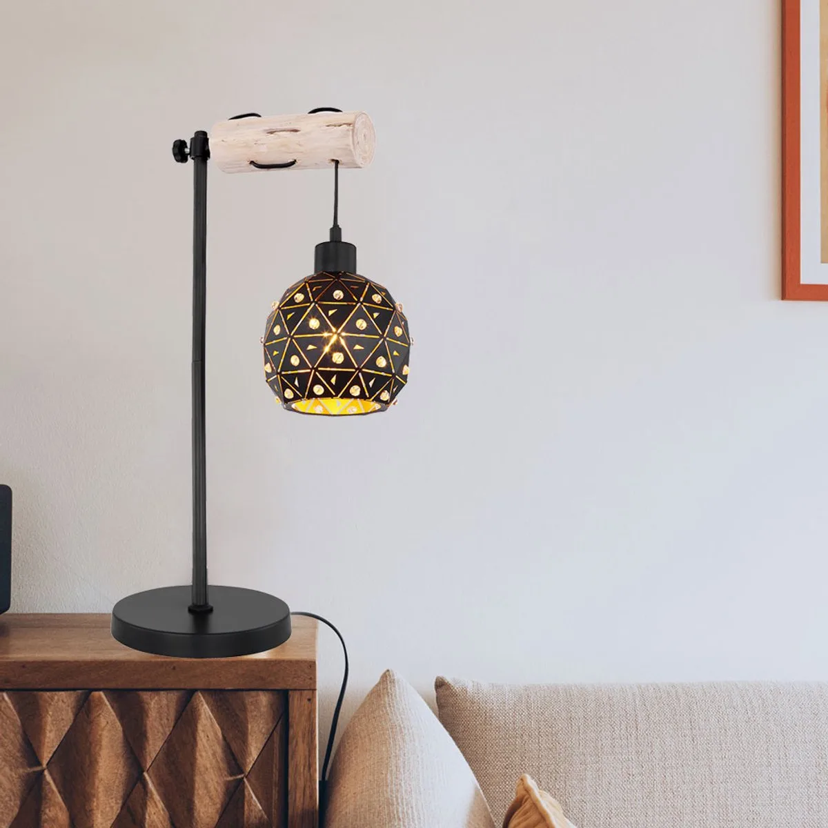 Tafellamp Tafellampen Slaapkamerlamp hout met kristallen kap in bolvorm in hoogte verstelbaar, metaal, 1x E27, LxBxH 34x18x55 cm från Globo i Svart – produktbild