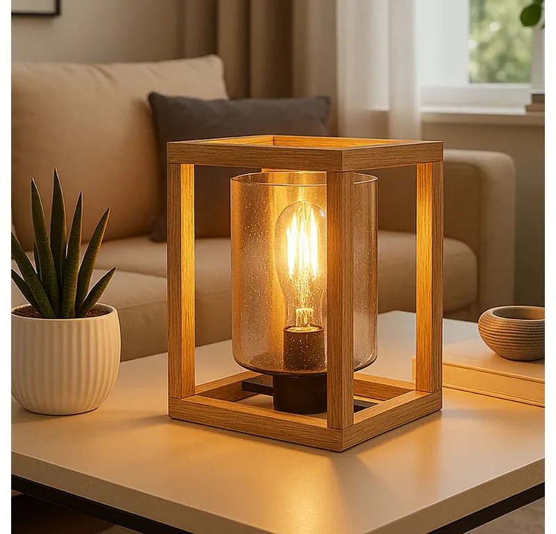 Tischleuchte, Leuchtmittel nicht inklusive, Tischlampe Nachttischleuchte Holz Rauchglas Luftblasen schwarz E27 de Globo en Marron – photo produit