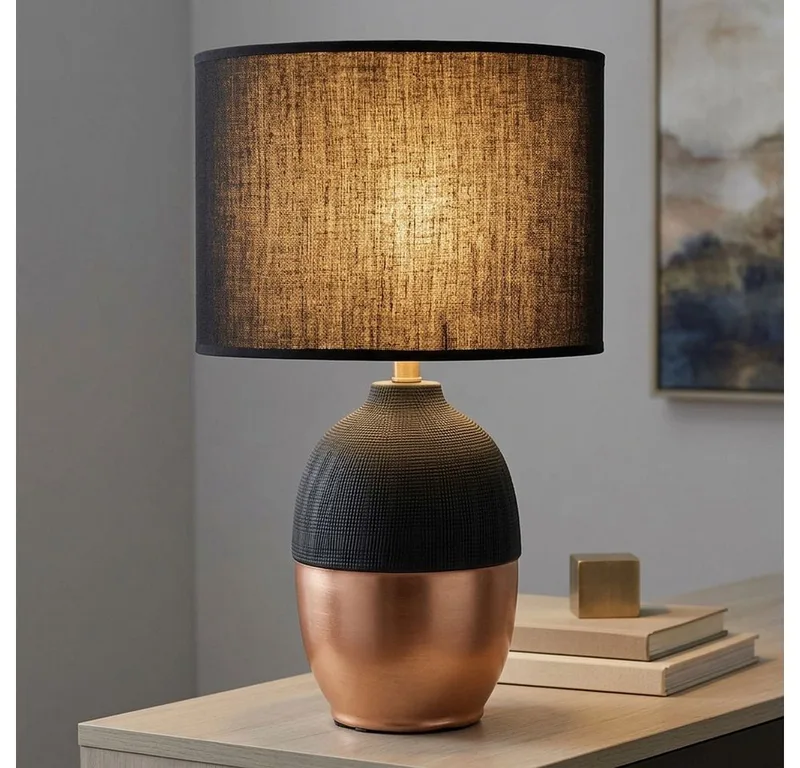 Tischleuchte, Leuchtmittel nicht inklusive, Tischlampe Schreibtischleuchte modern Textilschirm gold H 43cm de Globo en Noir – photo produit