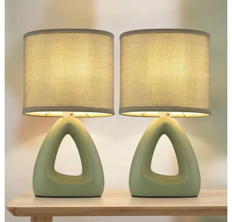 Tischleuchte, Leuchtmittel nicht inklusive, Tischlampe Tischleuchte Keramik Wohnzimmerlampe Textil 2er Set von Globo in Grün – Produktfoto
