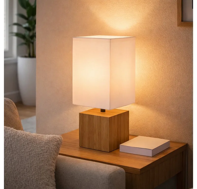 Tischleuchte, Leuchtmittel nicht inklusive, Tischleuchte Beistelllampe Schlafzimmerleuchte Holz Textil Weiß H 30cm de Globo en Marron – photo produit