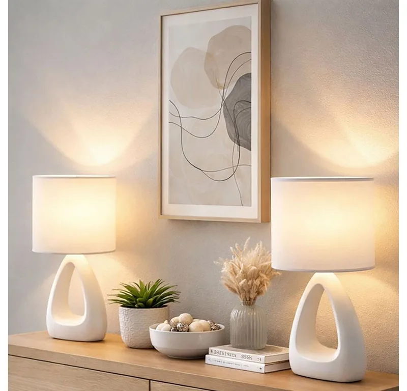 Tischleuchte, Leuchtmittel nicht inklusive, Tischleuchte Keramik Textil Nachttischleuchte Wohnzimmer 2er Set by Globo in White – product photo