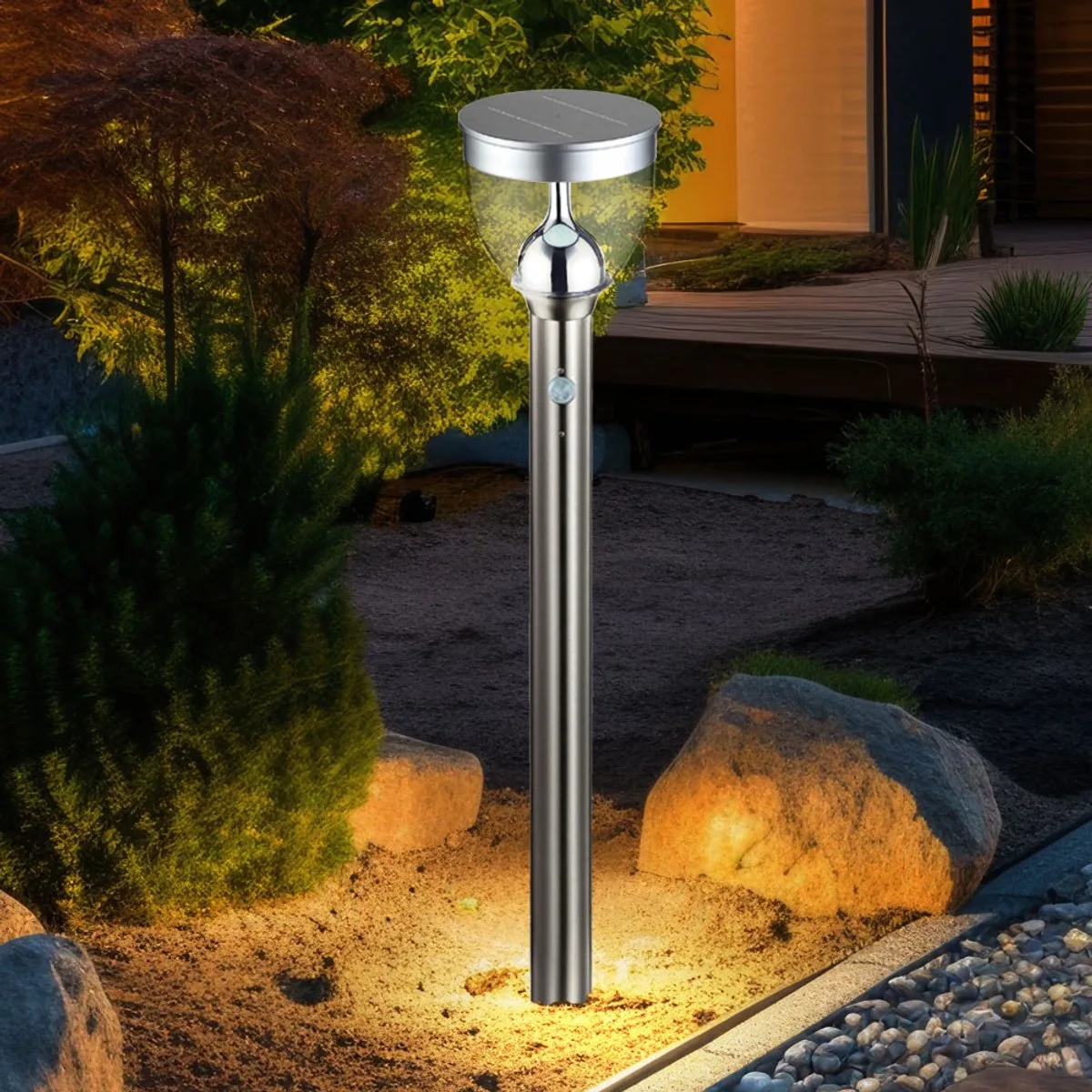 Tuinlamp met bewegingsmelder LED padverlichting roestvrij staal buitenlamp met Erspitz solarlampen voor buiten, 3 niveaus, 6W 550lm warm wit, DxH 15x95 cm de Globo en Argent – photo produit