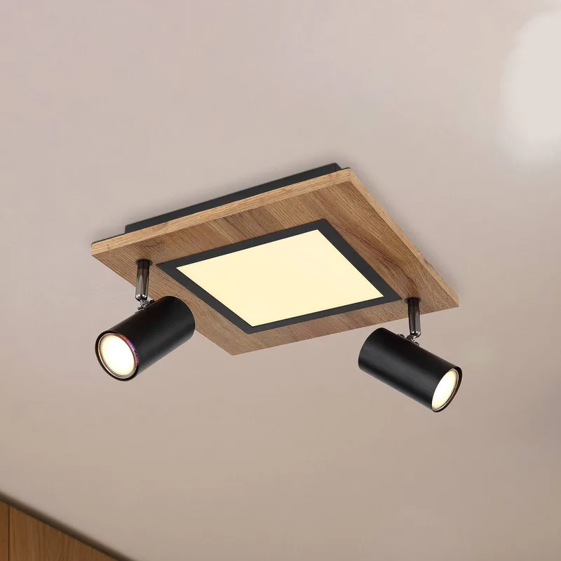 Ulla plafondlamp met LED's, 2-lamps, 30x30cm de Globo en Matzwart, Licht hout, Gesatineerd – photo produit