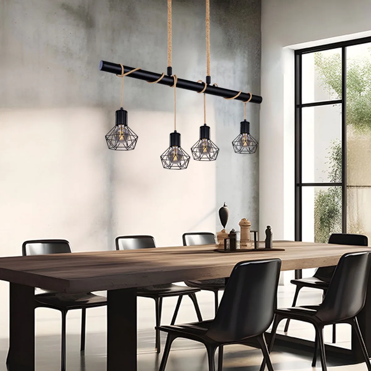 Vintage hanglamp plafondlamp zwart eetkamerlamp raster hanglamp zwart kooi design, 4x E27 fitting, 100x15x120cm, woonkamer eetkamer de Globo en Noir – photo produit