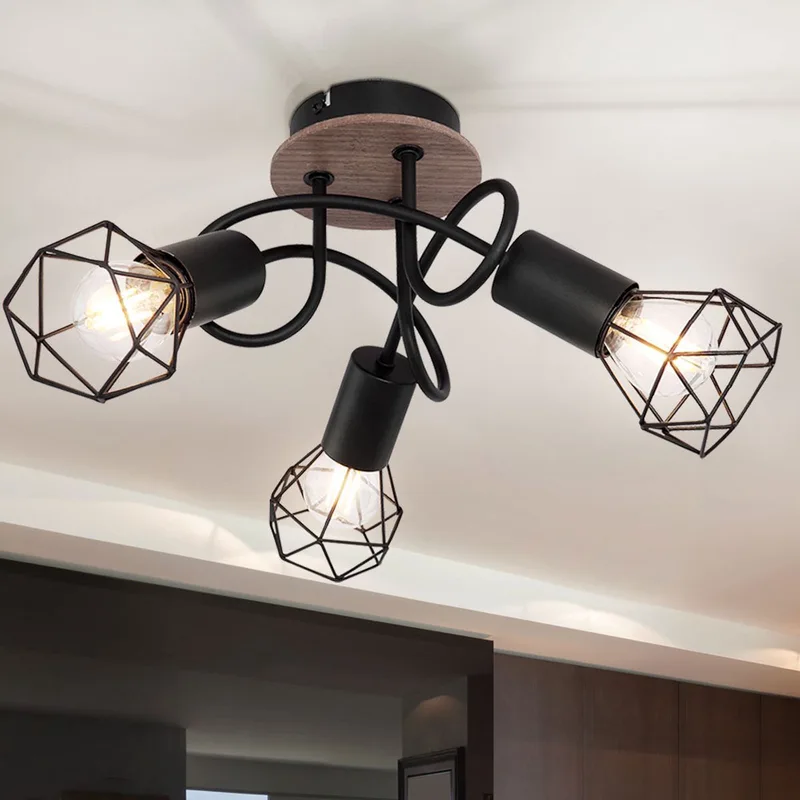 Vintage plafondlamp Spot Rondell plafondspot Plafondlamp woonkamer 3 vlammen metaal beweegbare spots, metalen gaas hout, 3x E14 stopcontacten, DxH 38x21 cm de Globo en Noir – photo produit