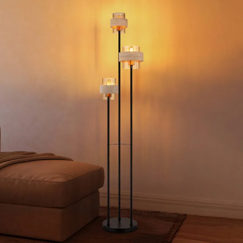 Vloerlamp Daren, beige/amber/zwart, 167 cm, 3-lamps, E27 de Globo en Beige, Amber, Noir – photo produit