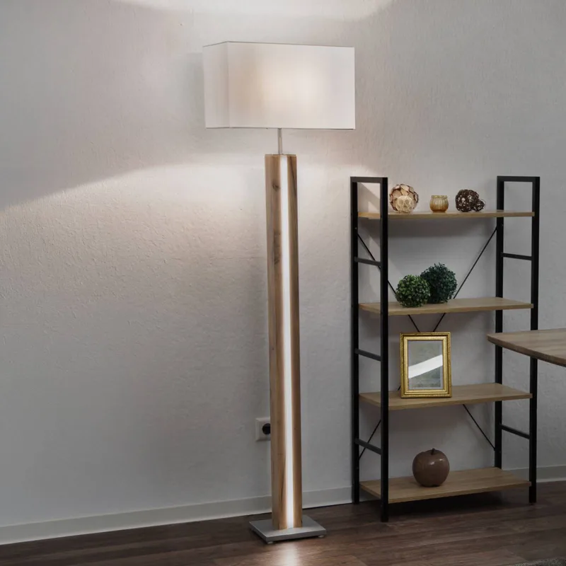 Vloerlamp Forest, hout/beige, textiel, E27 + LED, dimbaar de Globo en Donker hout, Beige, Argent – photo produit