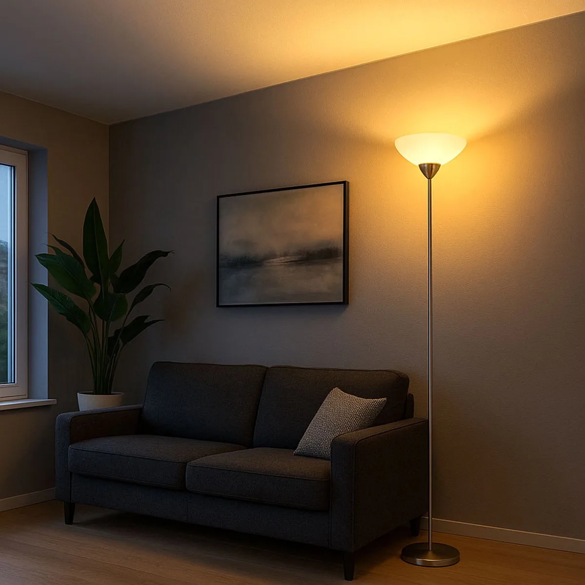 Vloerlamp mat nikkel plafondschijnwerper glazen kap opaal Vloerlamp woonkamer, metaal, LED 9W 810Lm warm wit, DxH 28x180 cm von Globo in Silber – Produktfoto